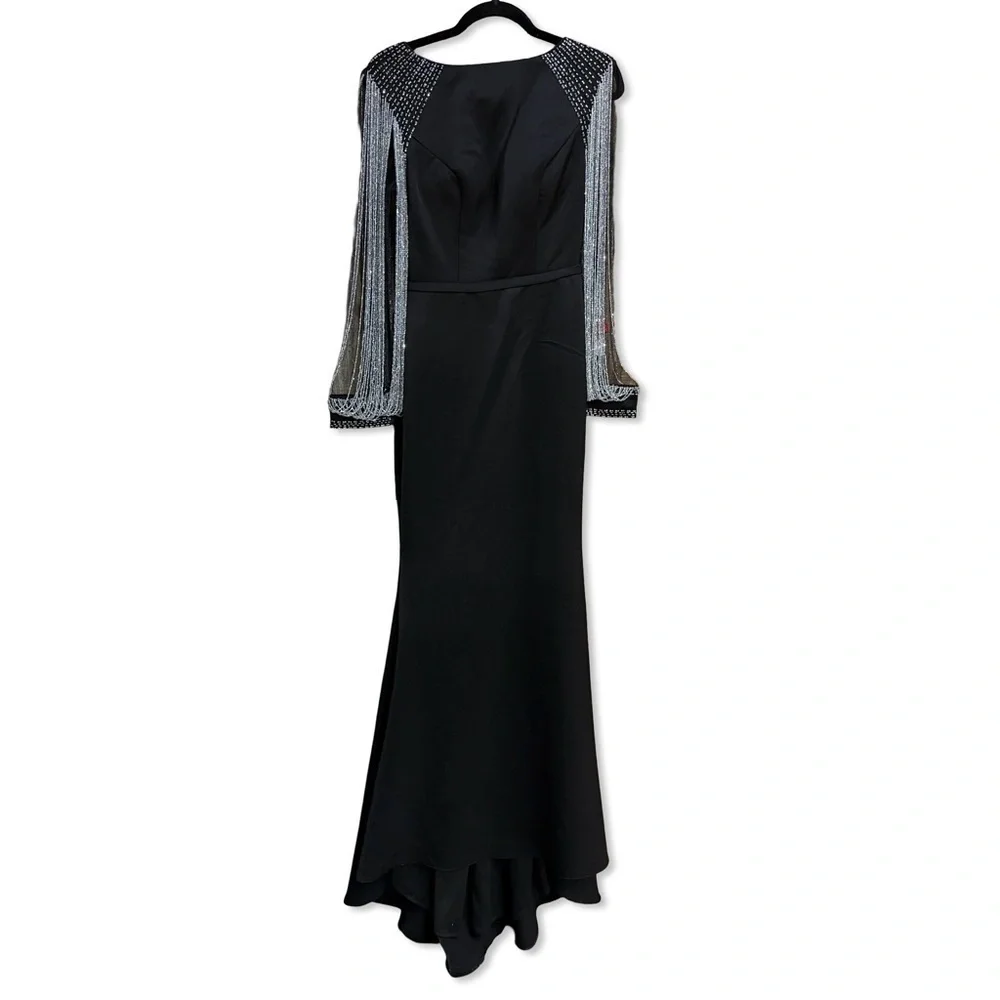 Mac Duggal black beaded Embellished Full Sleeve Jersey Fitted Fit Flare gown 2